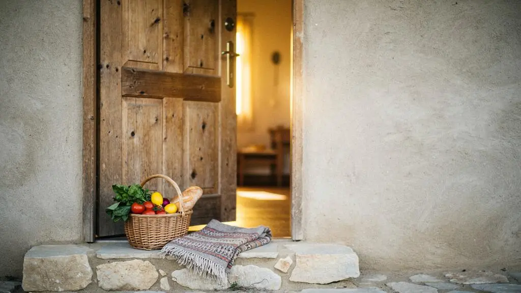 Porte en bois ouverte sur un intérieur chaleureux symbolisant l'accueil chez l'habitant à travers le monde