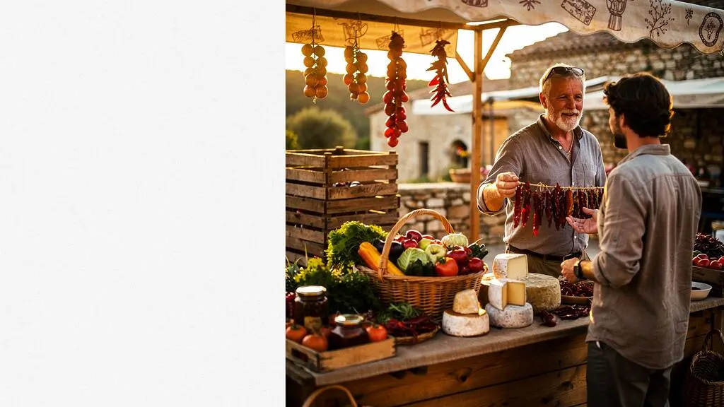 Échange chaleureux entre un visiteur et un producteur local sur un marché de plein air, entouré de produits du terroir