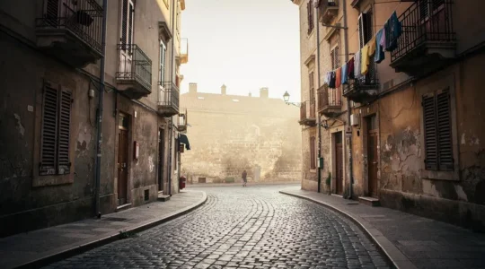 Ruelle pavée d'un quartier historique européen baignée de lumière dorée en fin de journée
