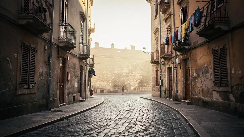 Ruelle pavée d'un quartier historique européen baignée de lumière dorée en fin de journée