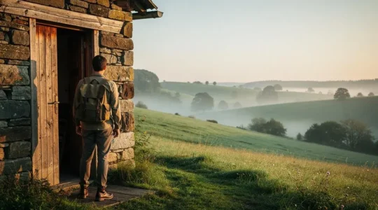Voyageur contemplant une campagne verdoyante au petit matin depuis le seuil d'une maison rurale en pierre, symbole d'un séjour reposant
