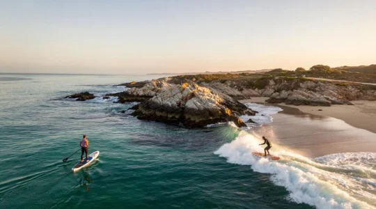 Vue aérienne d'un littoral où se croisent plusieurs pratiques nautiques, du calme au sensationnel