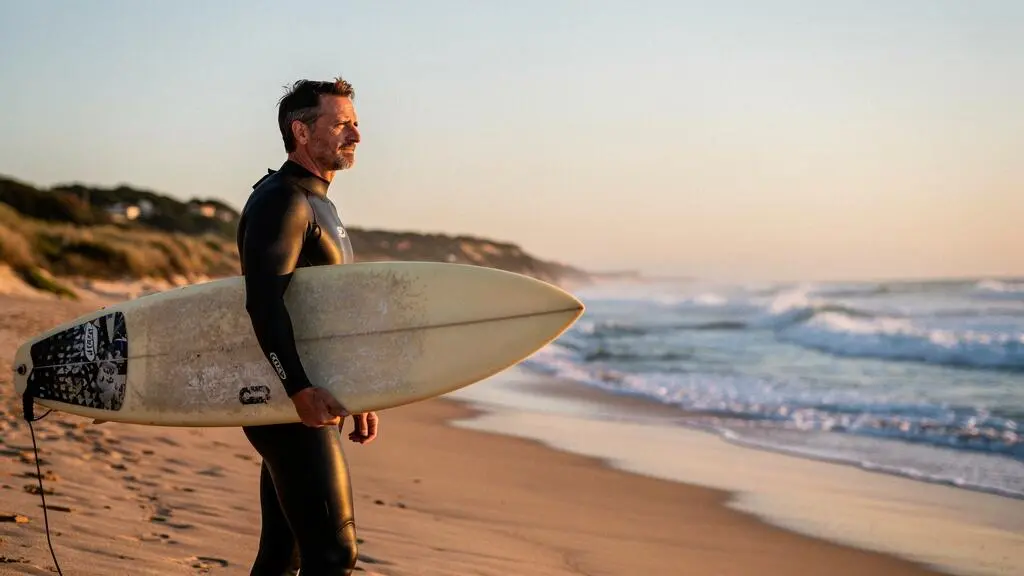 Adulte débutant en surf portant une combinaison néoprène, planche sous le bras, face à l'océan Atlantique au lever du jour sur une plage française