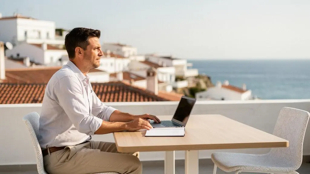 Un professionnel installe son espace de travail face à un paysage côtier européen, symbolisant le télétravail international négocié avec son employeur