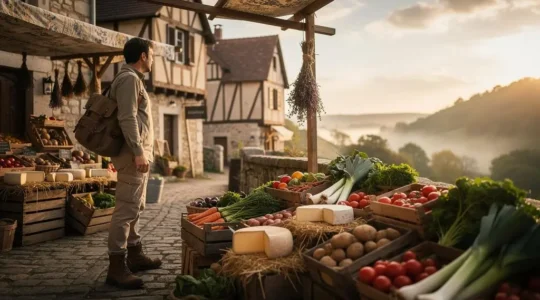 Un voyageur découvre un marché de producteurs dans un village français typique, entouré de produits du terroir disposés naturellement