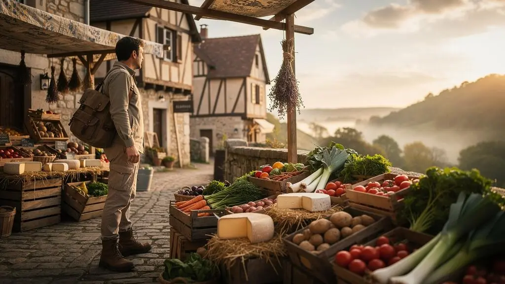 Un voyageur découvre un marché de producteurs dans un village français typique, entouré de produits du terroir disposés naturellement