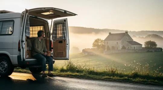 Silhouette d'une personne assise à l'arrière d'un van ouvert, contemplant un paysage rural au lever du jour, symbolisant l'équilibre entre liberté et pragmatisme.