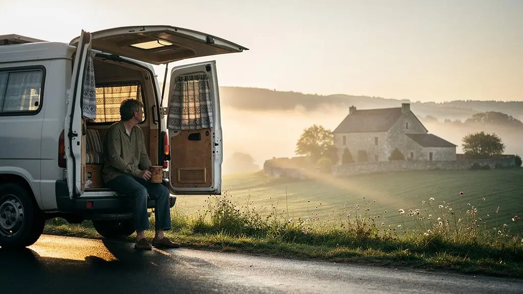 Silhouette d'une personne assise à l'arrière d'un van ouvert, contemplant un paysage rural au lever du jour, symbolisant l'équilibre entre liberté et pragmatisme.