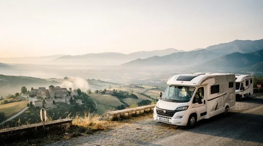 Un camping-car et une caravane garés côte à côte au bord d'une route de montagne au lever du soleil, symbolisant le choix entre les deux univers du voyage nomade.