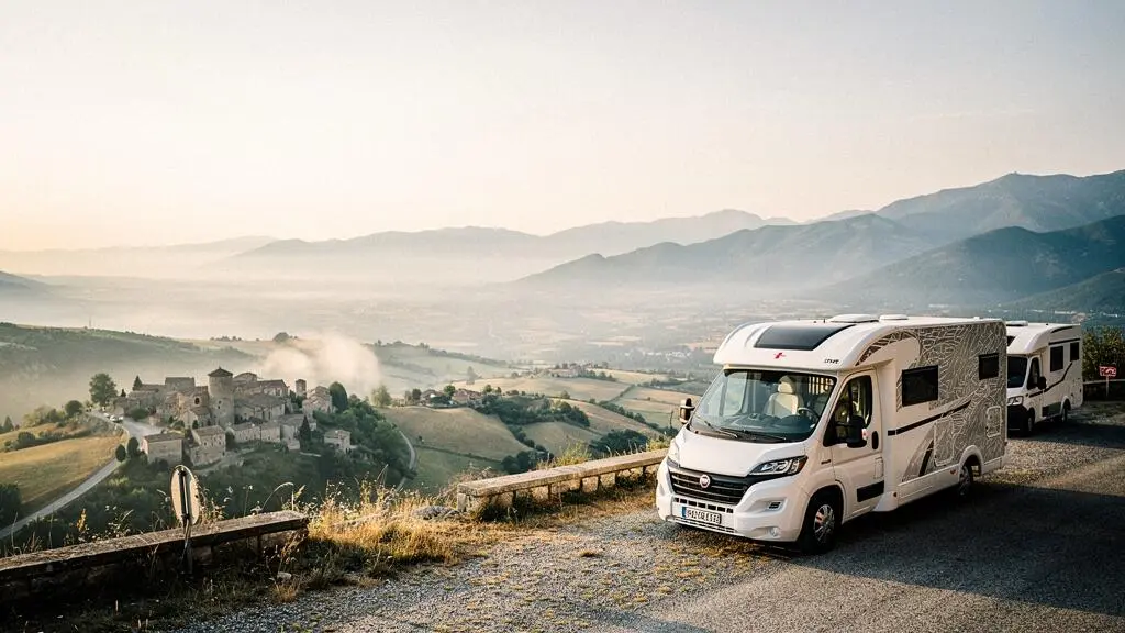 Un camping-car et une caravane garés côte à côte au bord d'une route de montagne au lever du soleil, symbolisant le choix entre les deux univers du voyage nomade.
