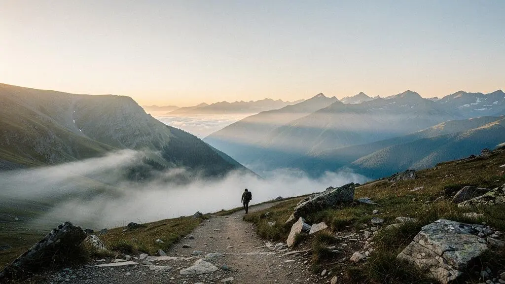 Vallée sauvage et préservée traversée par un sentier de randonnée accessible, avec un randonneur minuscule dans l'immensité du paysage