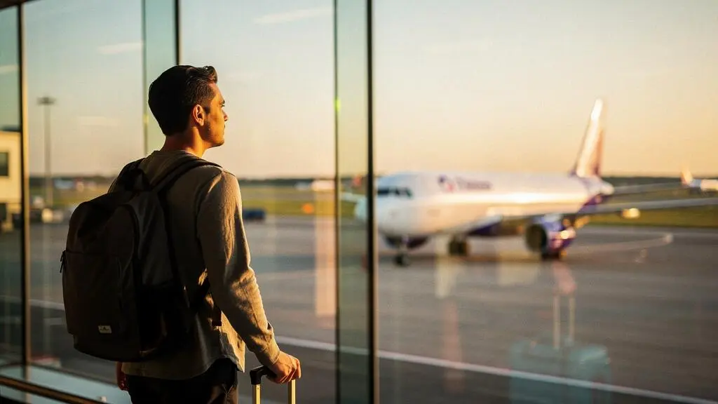 Voyageur avec un petit sac à dos regardant les avions au tarmac au lever du soleil, symbolisant la vigilance face aux pieges tarifaires des vols low cost