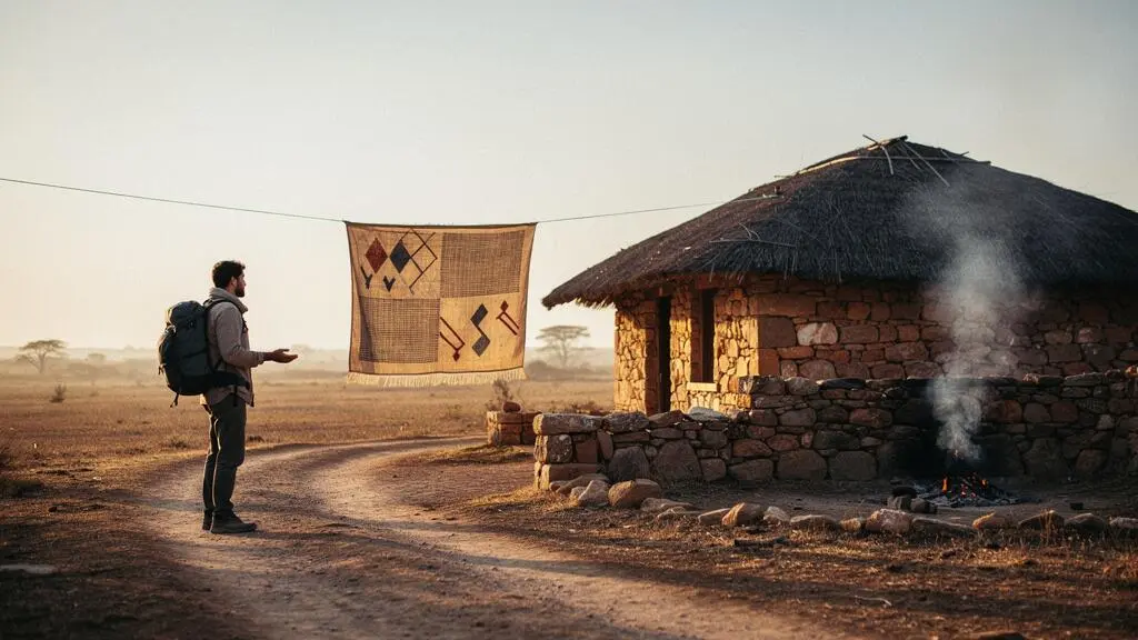 Un voyageur se tient à distance respectueuse face à une habitation traditionnelle en pierre, dans une lumière dorée de fin de journée, illustrant une rencontre culturelle basée sur l'écoute plutôt que le spectacle