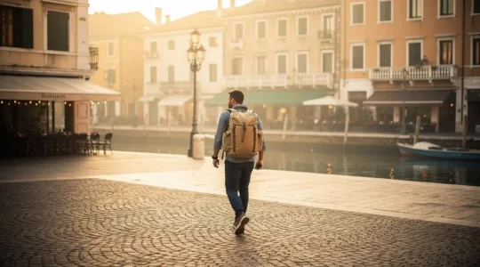 Voyageur traversant une place pavée européenne au petit matin pendant un city break de 3 jours