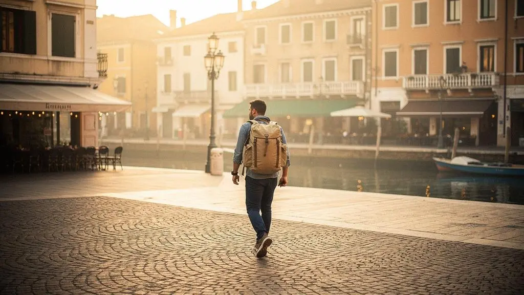 Voyageur traversant une place pavée européenne au petit matin pendant un city break de 3 jours