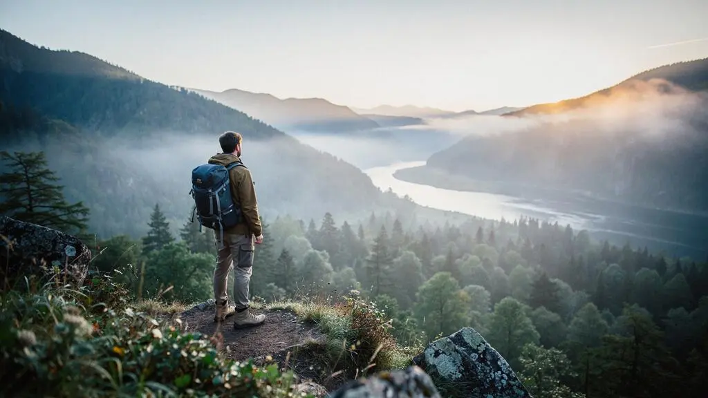 Voyageur contemplant une vallée sauvage préservée au lever du jour, symbole d'un écotourisme à impact mesurable