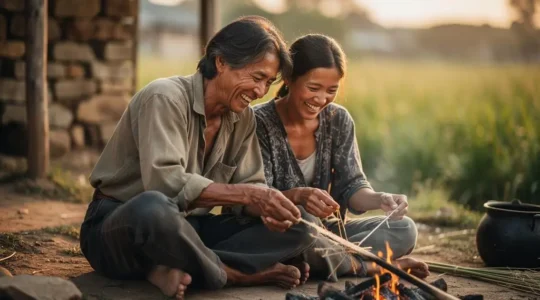 Un voyageur assis avec des habitants locaux dans un cadre naturel, partageant un moment de vie authentique loin des circuits touristiques classiques