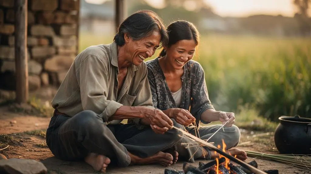 Un voyageur assis avec des habitants locaux dans un cadre naturel, partageant un moment de vie authentique loin des circuits touristiques classiques