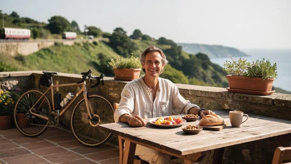 Voyageur savourant un petit-déjeuner local sur la terrasse ombragée d'un hébergement durable et confortable en pleine nature