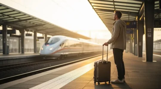 Voyageur attendant sereinement sur un quai de gare moderne au lever du jour, illustrant la maîtrise du prix de son billet de train